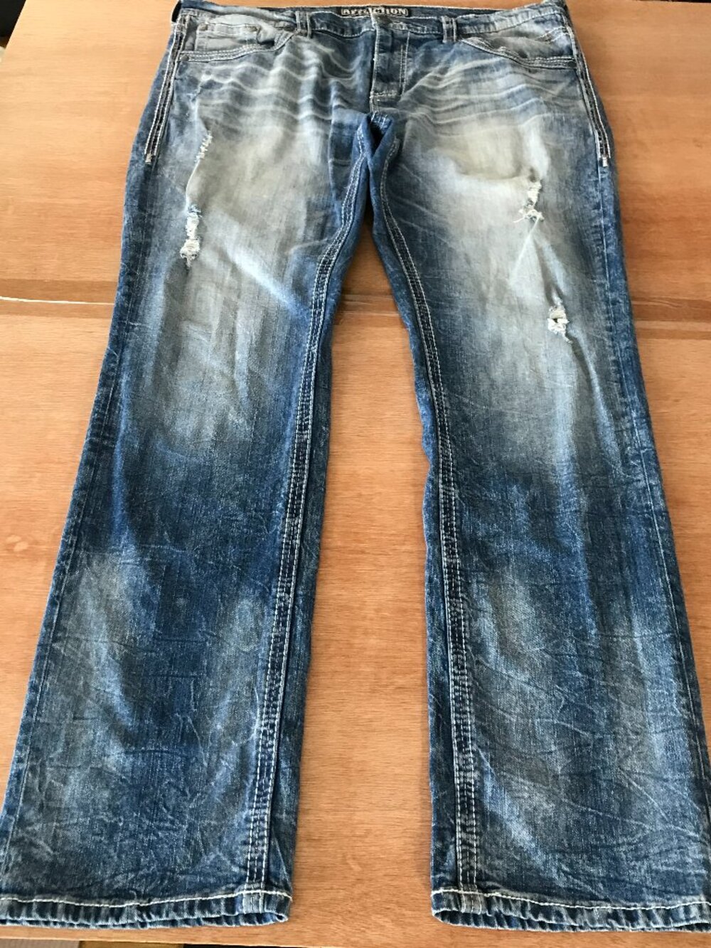 Affliction Ace Jeans Men 40x32 Blue Acid Wash Distressed Mid Rise Whiskering